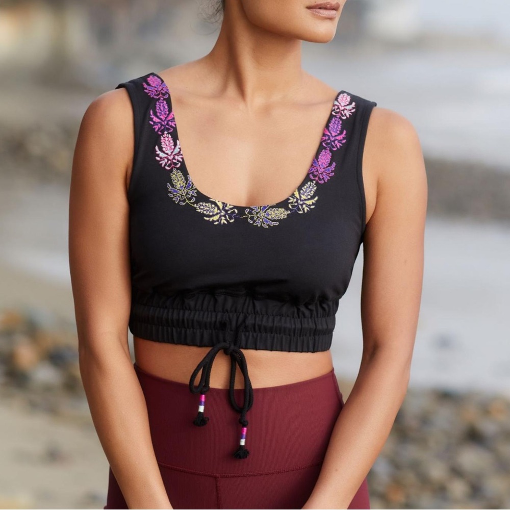 Free People Friday Night Lights Embroidered Floral Black Crop Tank Bra XS NWOT